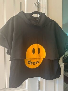 Drew Black Hoodie Crop Top with Yellow Smiley Logo - women's
